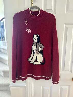 Vintage Y2K Big Dog Burgundy Red Dog Scarf Snowflake Winter Print Sweater